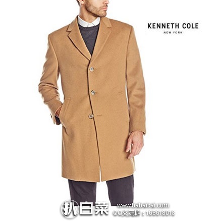 金盒特价,Kenneth Cole 男士羊毛混纺中长款大衣 原价0,现2.5折.99