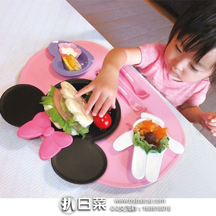 日本亚马逊：锦化成 迪士尼米妮/米奇 宝宝训练餐盘 碗勺叉餐具套装 八件套 近期新低价2100日元（约￥128）