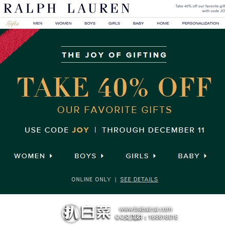 Ralph Lauren拉夫劳伦：精选男女儿童鞋包服饰专场，享额外6折优惠！