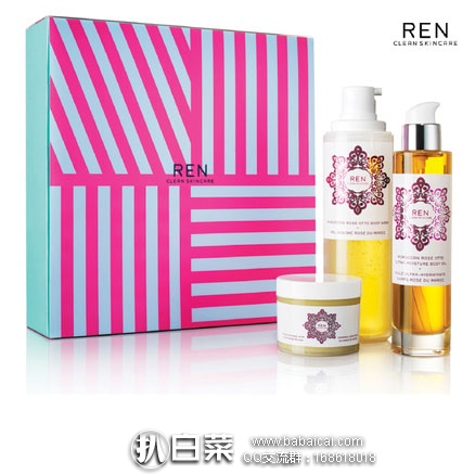 Lookfantastic英国官网：REN 摩洛哥奥图玫瑰身体护理三件套装（沐浴露200ml+润肤油100ml+磨砂霜75ml）£22.98 ，直邮到手￥196