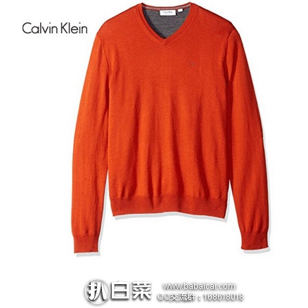 Calvin Klein 100%纯美利奴羊毛男士针织衫 V领  原价$90，现降至$21.74