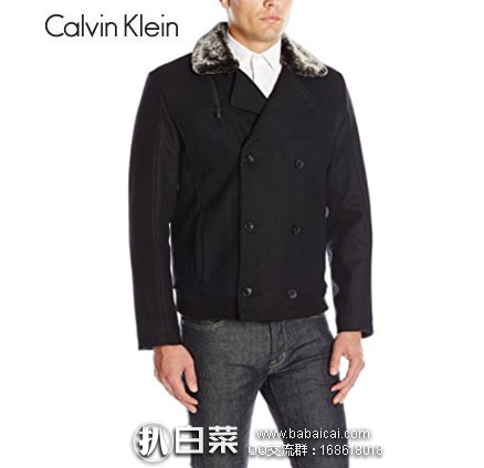 Calvin Klein 男士 经典双排扣 羊毛混纺外套 原价$298，现特价$55.49