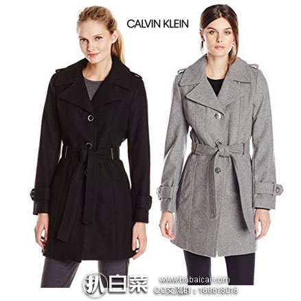 Amazon：Calvin Klein 女士 翻领款羊毛混纺大衣 2色可选，原价$250，现降至2.4折$59.99，到手￥500