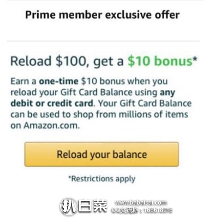 Amazon：充值$100以上礼品卡返$10！