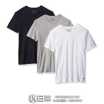 Amazon：Tommy Hilfiger 汤米希尔费格 男士V领 纯棉T恤 黑白灰 3件套 特价$19.59，领券8折实付新低$15.67，到手约￥45/件