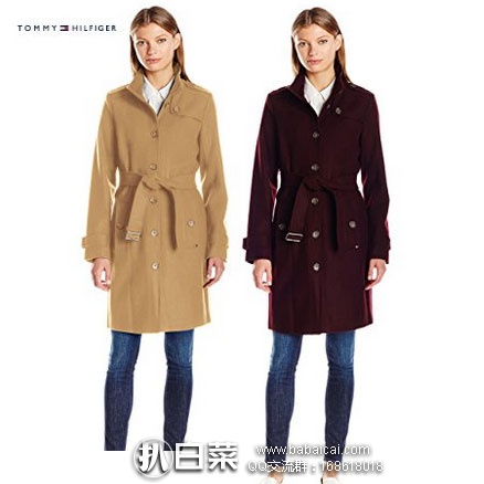 Amazon：金盒特价，Tommy Hilfiger 汤米希尔费格  女士羊毛混纺 翻领单排扣长款大衣 原价$130，现$65.99