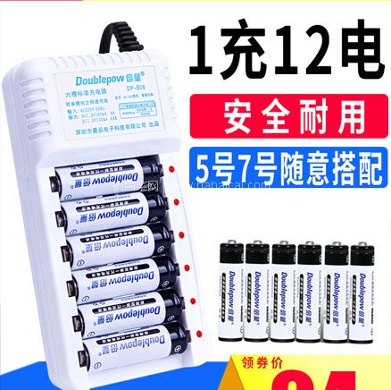 天猫商城：Doublepow 倍量 DP-B06 5号/7号通用充电器 配12节充电电池  现价￥34.9，领￥10优惠券，券后￥24.9包邮