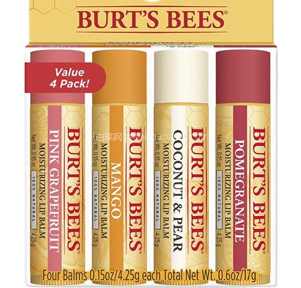 亚马逊海外购：Burt’s Bees小蜜蜂 经典蜂蜡护唇膏4.25g*4支 两款可选 降至￥71.64，凑单免费直邮，含税到手约￥64.36