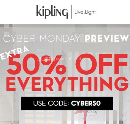 Kipling美国官网：现有CYBER Monday网一全场5折促销，美境免邮