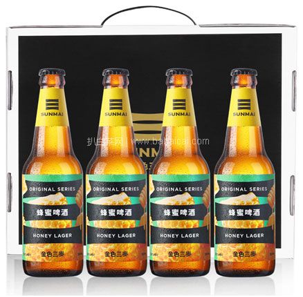 天猫商城：临期低价，世界啤酒大赛金牌 SUNMAI 金色三麦 蜂蜜/小麦拉格精酿啤酒4支礼盒装  新低￥29.9元包邮