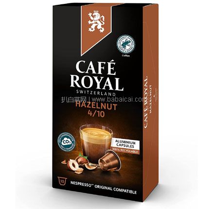 亚马逊海外购：兼容Nespresso咖啡机，瑞士进口 Café Royal 芮耀 榛子风味胶囊咖啡10粒*10盒，直邮含税到手￥194.99，约合￥1.95/颗