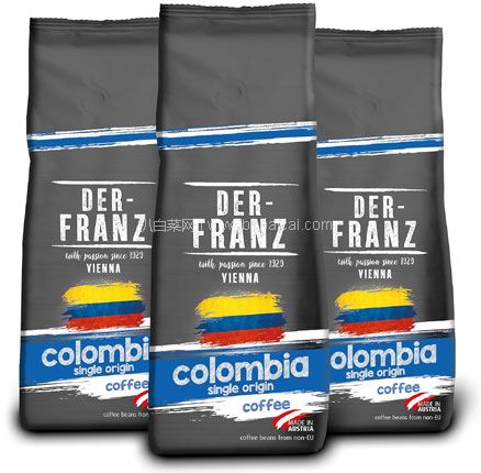 Der-Franz 奥地利烘焙 哥伦比亚 单一产地咖啡豆 500g*3袋，直邮含税到手价￥137.58，折合￥45.86/袋