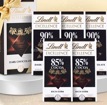 Lindt 瑞士莲 85%+90%可可特醇排装黑巧克力 100g*5件  券后￥68元包邮（折合￥13.6元/件）