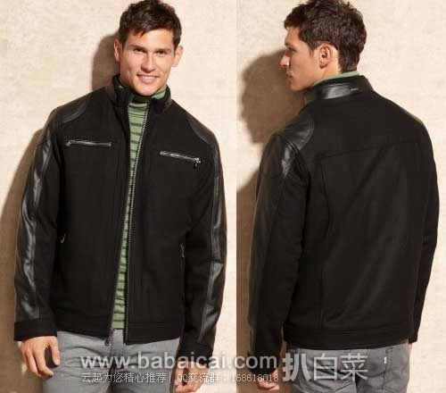 Calvin Klein 男士羊毛混纺拼接仿皮机车夹克，原价￥275，现2.4折$64.94
