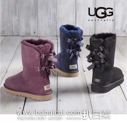 6PM：UGG 女童 Bailey双蝴蝶结羊皮毛一体雪地靴 原价$120，现售价$77.99