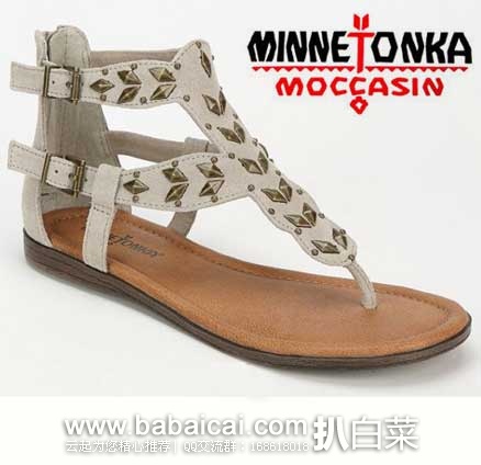 Minnetonka 迷你唐卡 女士 柳钉夹脚平底山羊皮鞋面款凉鞋 原价$58.95，现3.7折售价$21.93，新低