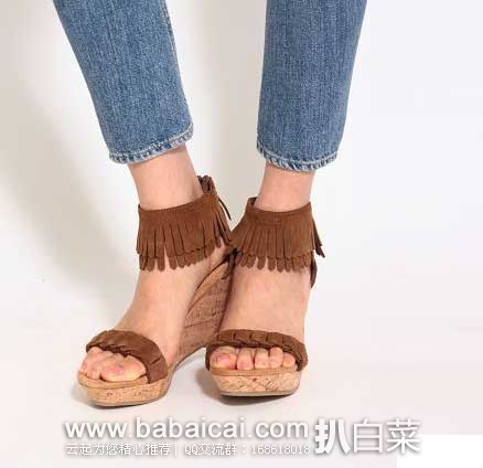 Minnetonka 迷你唐卡 Nicki 流苏装饰软木女士高跟凉鞋 原价$$64.95，现2.9折售价19.46