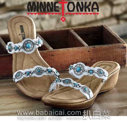 Minnetonka  迷你唐卡 女士 印第安宝石镶嵌款坡跟凉鞋 原价$49.95，现3.1折售价$15.45