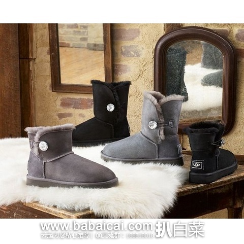 6pm：UGG 施华洛世奇水晶纽扣款女士皮毛一体短筒雪地靴 原价$185，现历史低价$74