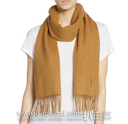 Saks Fifth Avenue 美国第五大道百货官网：Yves Saint Laurent 伊夫·圣洛朗 纯色流苏羊绒围巾 （原价$295，现特价$69.99），优惠码折后实付$59.99