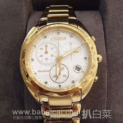 大白菜！Citizen 西铁城 FB1390-53A 女士金色款光动能三眼计时带日历水晶镶嵌防水时尚腕表 原价$450，现抽风价$108，直邮含税到手仅￥854