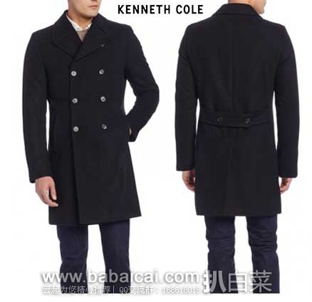 Kenneth Cole 凯尼斯柯尔   男士羊毛混纺  经典双排扣 长款大衣 （原价$350，现售价$109.99），公码7折后实付$76.99