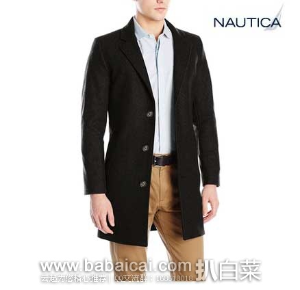 Nautica 诺帝卡 男士 长款翻领羊毛混纺大衣 原价$350，现1.6折金盒特价 $54.95