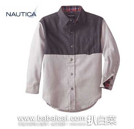 Nautica 诺帝卡 男大童 两色拼接长袖衬衫 原价$39.5，现售价$6.43-$9.49，白菜价！