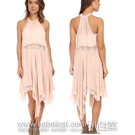 6pm：Free People 粉色蕾丝花边雪纺连衣裙 原价$98，现$39.99