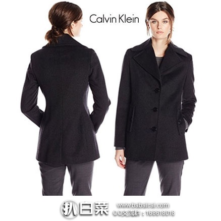 Calvin Klein 女士 单排扣翻领 羊毛混纺外套 原价$250，现2折售价新低$49.97