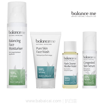 Feelunique：Balance Me 肌肤救星四件套装（精华15ml+保湿乳50ml+洁面乳40ml+卸妆水30ml） 5折£28，凑单免费直邮到手￥248