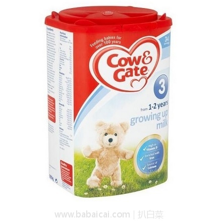 亚马逊海外购：Cow & Gate 英国牛栏成长奶粉 3段 适合1-2岁 900g 现￥113.85，凑单直邮免运费，含税到手仅￥128