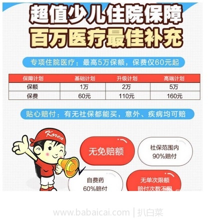 开心保：易安蓝精灵 少儿住院保险（0-17周岁）￥60起/年