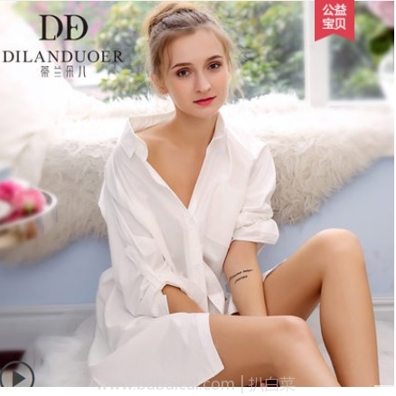 天猫商城：蒂兰朵儿 纯棉宽松性感白衬衫睡衣 2款可选 特价￥109，领券减￥40实付￥69包邮