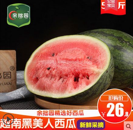 天猫商城：越南 黑美人 薄皮大甜 西瓜 5斤  现价￥26.8，领￥10优惠券，实付￥16.8包邮