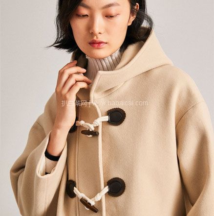 唯品会：秋水伊人 女士 牛角扣连帽大衣  ￥298元包邮