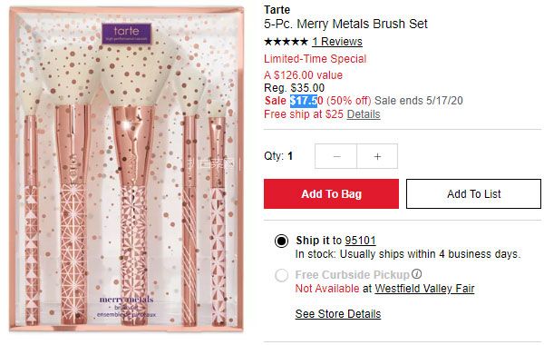 Macy's梅西百货:Tarte 5件套金属化妆刷(价值6)5折.5