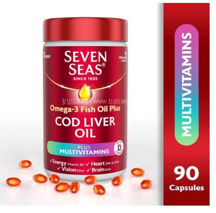 英国 Seven Seas 七海 深海鳕鱼肝油+多种维生素胶囊90粒 降至新低￥45元，直邮含税到手￥49.03