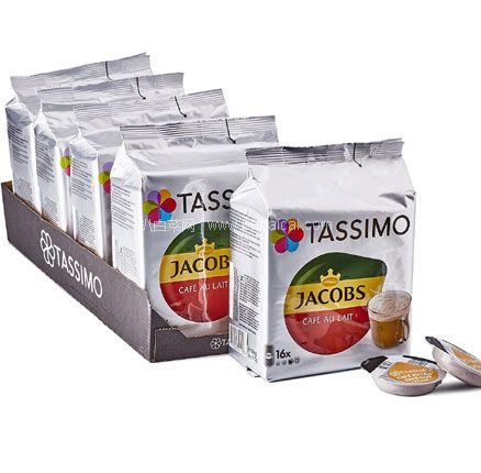 亚马逊海外购：Tassimo Jacobs 经典拿铁胶囊咖啡 16个*5袋（80杯），直邮到手￥169.24