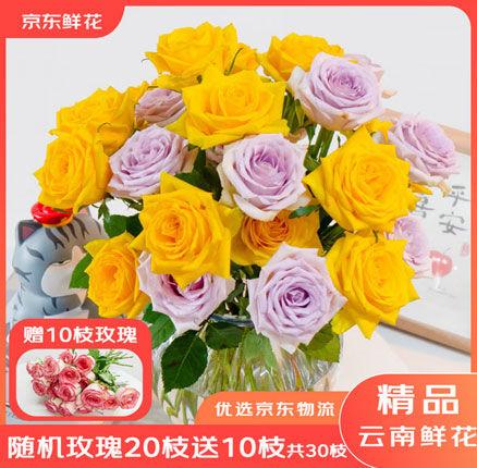 京东商城：很划算！京东鲜花 玫瑰鲜花鲜切花 随机色20枝+赠10枝 券后新低￥18.8元包邮
