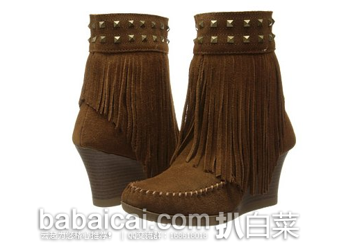 Minnetonka迷你唐卡Mid Calf流苏坡跟铆钉靴原价$90 现$44.98 公码85折$38.23