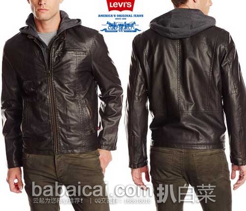 Levi’s 李维斯 男士 仿皮连帽机车夹克(原价$180，现2.8折$49.99)，公码7折后$34.99